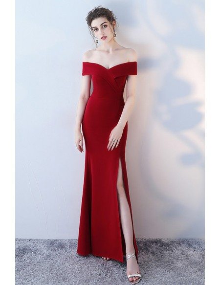 Burgundy Side Slit Mermaid Formal Dress Off Shoulder
