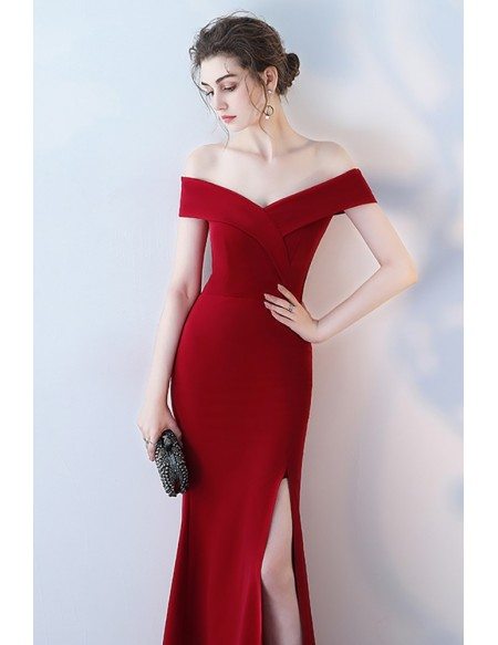 Burgundy Side Slit Mermaid Formal Dress Off Shoulder