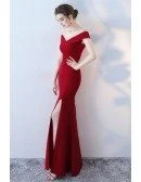 Burgundy Side Slit Mermaid Formal Dress Off Shoulder