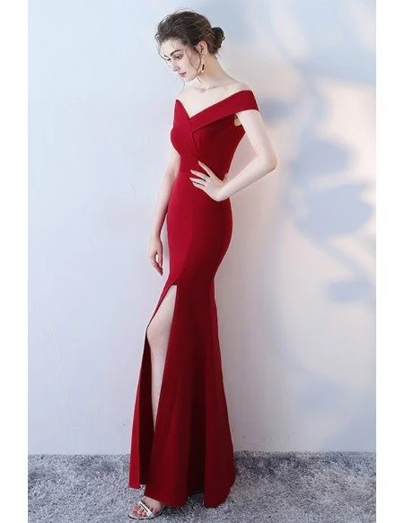 Burgundy Side Slit Mermaid Formal Dress Off Shoulder