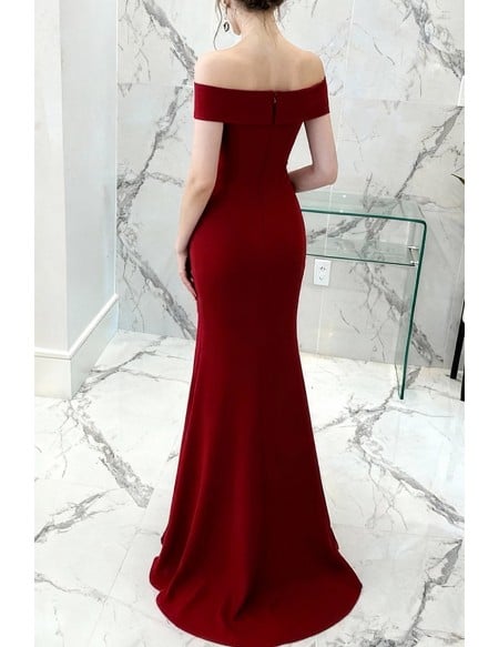Burgundy Side Slit Mermaid Formal Dress Off Shoulder