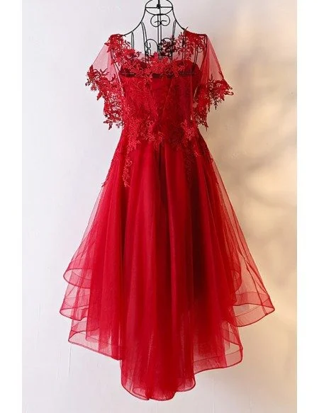 Unique Burgundy High Low Tulle Cheap Prom Dress With Appliques