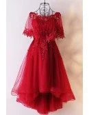 Unique Burgundy High Low Tulle Cheap Prom Dress With Appliques