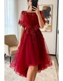 Unique Burgundy High Low Tulle Cheap Prom Dress With Appliques