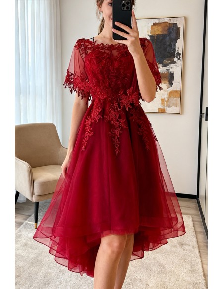 Unique Burgundy High Low Tulle Cheap Prom Dress With Appliques