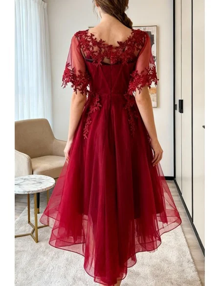 Unique Burgundy High Low Tulle Cheap Prom Dress With Appliques