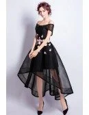Black A-line Off-the-shoulder High Low Tulle Formal Dress With Embroidery
