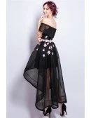 Black A-line Off-the-shoulder High Low Tulle Formal Dress With Embroidery