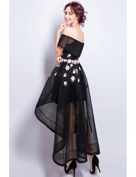 Black A-line Off-the-shoulder High Low Tulle Formal Dress With Embroidery