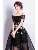 Black A-line Off-the-shoulder High Low Tulle Formal Dress With Embroidery