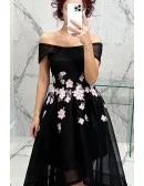 Black A-line Off-the-shoulder High Low Tulle Formal Dress With Embroidery