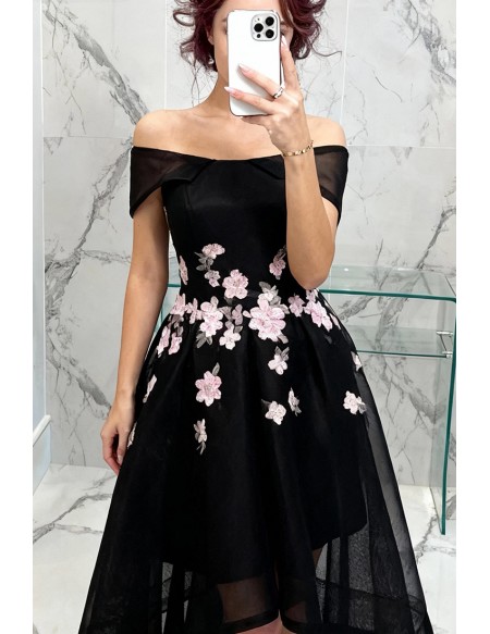 Black A-line Off-the-shoulder High Low Tulle Formal Dress With Embroidery