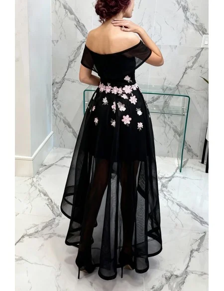 Black A-line Off-the-shoulder High Low Tulle Formal Dress With Embroidery