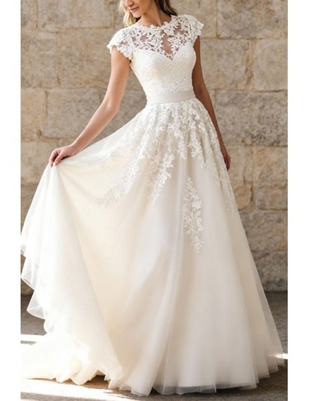 Elegant Ivory Lace Tulle Wedding Dress With Short Cap Sleeves