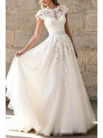 Elegant Ivory Lace Tulle Wedding Dress With Short Cap Sleeves