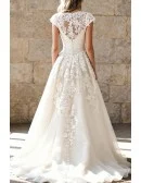 Elegant Ivory Lace Tulle Wedding Dress With Short Cap Sleeves
