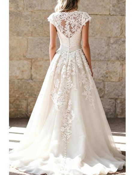 Elegant Ivory Lace Tulle Wedding Dress With Short Cap Sleeves