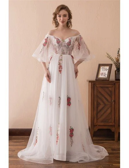 Fairy Tale Off The Shoulder Puffy Prom Dress With Color Embroidery