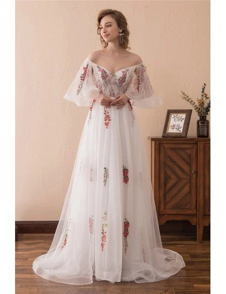 Fairy Tale Off The Shoulder Puffy Prom Dress With Color Embroidery
