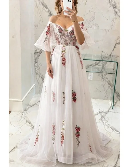Fairy Tale Off The Shoulder Puffy Prom Dress With Color Embroidery