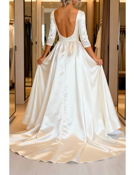 Elegant White Satin Wedding Dress With Backless Design And Long Sleeves
