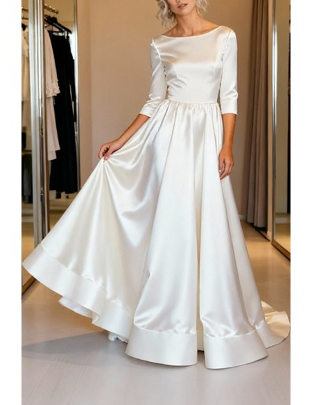 Elegant White Satin Wedding Dress With Backless Design And Long Sleeves