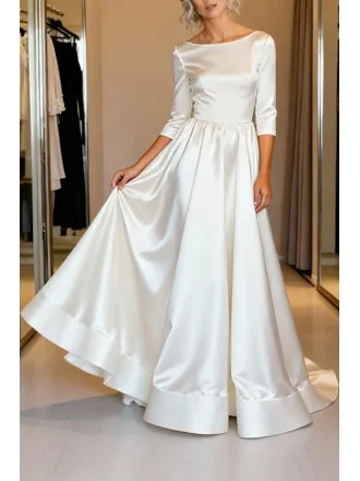 Elegant White Satin Wedding Dress With Backless Design And Long Sleeves