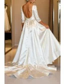 Elegant White Satin Wedding Dress With Backless Design And Long Sleeves