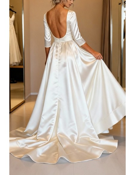Elegant White Satin Wedding Dress With Backless Design And Long Sleeves