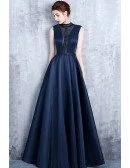 Unique Navy Blue Beaded High Neck Prom Dress Satin Formal Dress with Keyhole Back