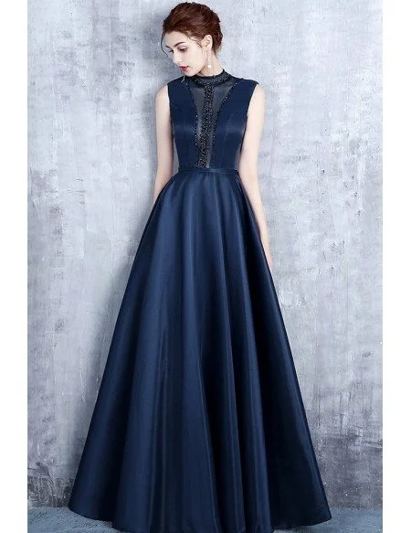 Unique Navy Blue Beaded High Neck Prom Dress Satin Formal Dress with Keyhole Back