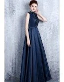 Unique Navy Blue Beaded High Neck Prom Dress Satin Formal Dress with Keyhole Back