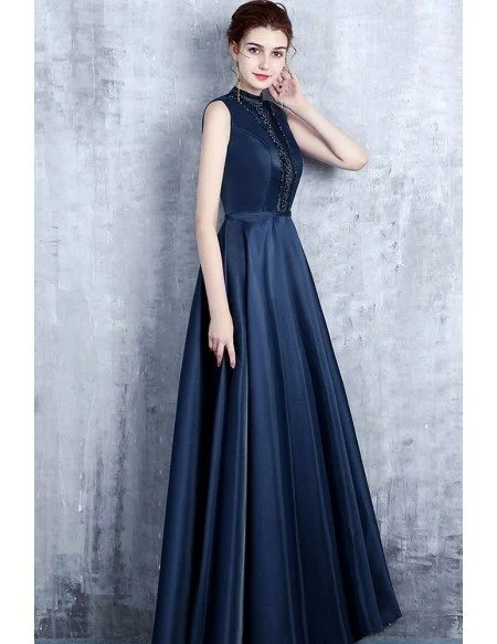 Unique Navy Blue Beaded High Neck Prom Dress Satin Formal Dress with Keyhole Back