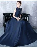 Unique Navy Blue Beaded High Neck Prom Dress Satin Formal Dress with Keyhole Back