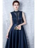 Unique Navy Blue Beaded High Neck Prom Dress Satin Formal Dress with Keyhole Back