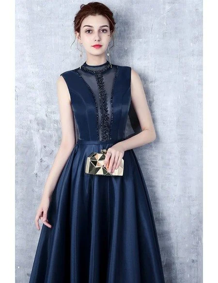 Unique Navy Blue Beaded High Neck Prom Dress Satin Formal Dress with Keyhole Back
