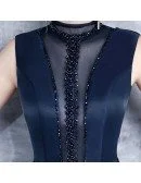 Unique Navy Blue Beaded High Neck Prom Dress Satin Formal Dress with Keyhole Back