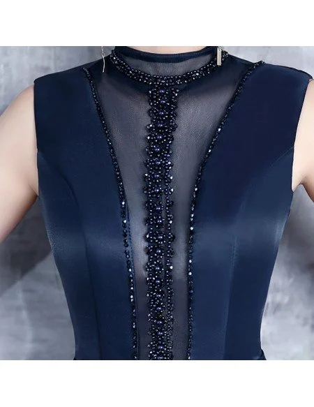Unique Navy Blue Beaded High Neck Prom Dress Satin Formal Dress with Keyhole Back