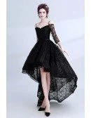 High Low Black Lace Prom Dress Sleeved With Spaghetti Straps