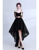 High Low Black Lace Prom Dress Sleeved With Spaghetti Straps