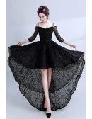 High Low Black Lace Prom Dress Sleeved With Spaghetti Straps