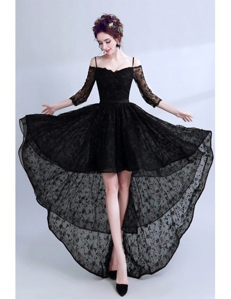 High Low Black Lace Prom Dress Sleeved With Spaghetti Straps