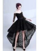 High Low Black Lace Prom Dress Sleeved With Spaghetti Straps