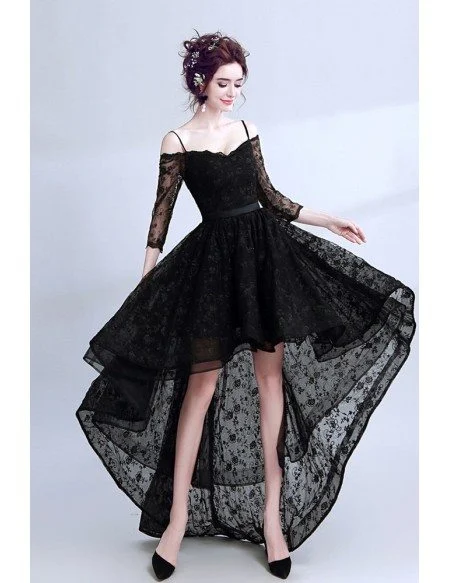 High Low Black Lace Prom Dress Sleeved With Spaghetti Straps