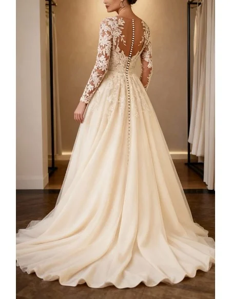 Luxurious Tulle Lace Vneck Wedding Dress With Long Sleeves