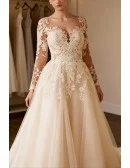 Luxurious Tulle Lace Vneck Wedding Dress With Long Sleeves