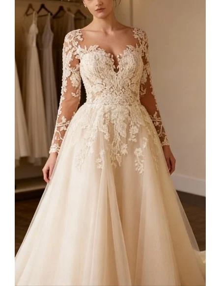 Luxurious Tulle Lace Vneck Wedding Dress With Long Sleeves