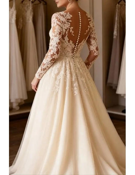 Luxurious Tulle Lace Vneck Wedding Dress With Long Sleeves