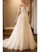 Luxurious Tulle Lace Vneck Wedding Dress With Long Sleeves