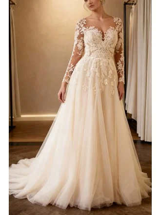 Luxurious Tulle Lace Vneck Wedding Dress With Long Sleeves